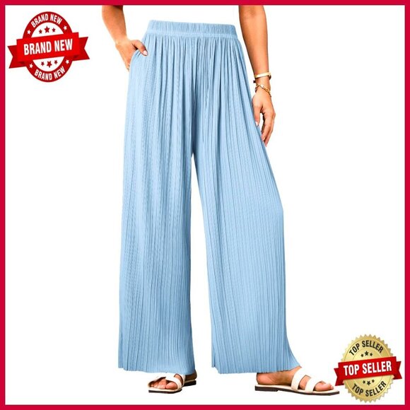 Pants - Wide Leg Palazzo Pants Pleated High Elastic Waist Flowy Loose Boho Chic